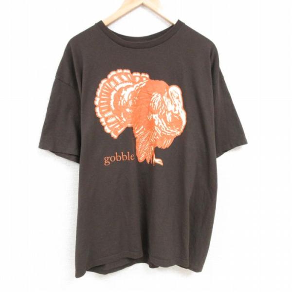 XL/古着 半袖 Tシャツ メンズ シチメンチョウ 大きいサイズ コットン クルーネック こげ茶 ブ...