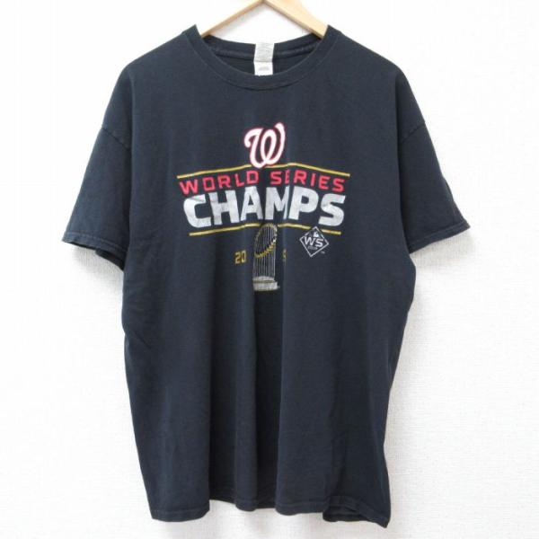 XL/古着 半袖 Tシャツ メンズ MLB ワシントンナショナルズ コットン クルーネック 黒 ブラ...