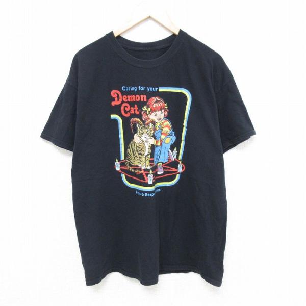 XL/古着 半袖 Tシャツ メンズ デーモンキャット クルーネック 黒 ブラック 25may27 中...