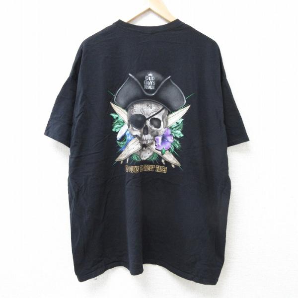 XL/古着 半袖 Tシャツ メンズ スカルパイレーツ 大きいサイズ コットン クルーネック 黒 ブラ...