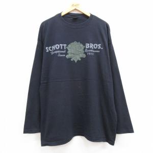 XL/古着 Schott ショット 長袖 ビンテージ Tシャツ メンズ 00s エンブレム フロッキープリント 大きいサイズ コットン クルーネック 紺｜