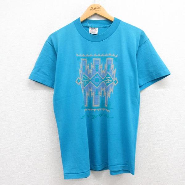 L/古着 半袖 ビンテージ Tシャツ メンズ 90s ネイティブ柄 コットン 水色 23may31 ...