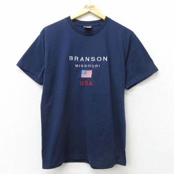 M/古着 半袖 ビンテージ Tシャツ メンズ 00s BRANSON 星条旗 刺繍 クルーネック 紺...