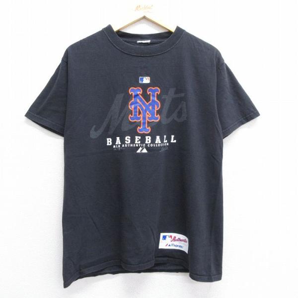 M/古着 半袖 ビンテージ Tシャツ メンズ 00s MLB ニューヨークメッツ クルーネック 黒 ...