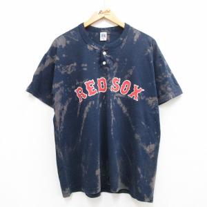 XL/古着 ラッセル 半袖 ビンテージ Tシャツ メンズ 00s MLB ボストンレッドソックス ヘンリーネック 紺他 ネイビー ブリーチ加工 メジ｜