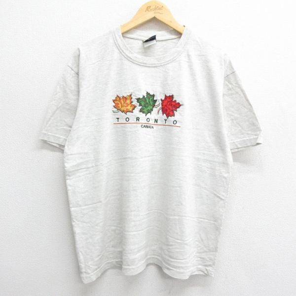 XL/古着 半袖 Tシャツ メンズ トロント 葉 刺繍 クルーネック 薄グレー 霜降り 23aug0...