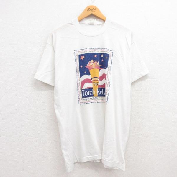 L/古着 半袖 ビンテージ Tシャツ メンズ 90s トーチリレー 聖火 クルーネック 白 ホワイト...