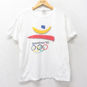 L/古着 半袖 ビンテージ Tシャツ メンズ 90s バルセロナオリンピック クルーネック 白 ホワ...