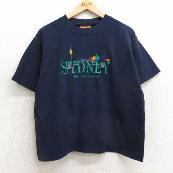 L/古着 半袖 ビンテージ Tシャツ メンズ 90s シドニー 刺繍 コットン クルーネック 紺 ネ...