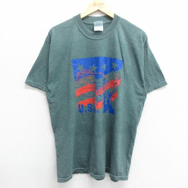 XL/古着 半袖 ビンテージ Tシャツ メンズ 00s USAロゴ 自由の女神 クルーネック 緑 グ...