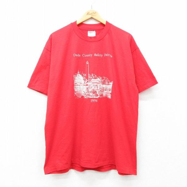 XL/古着 ヘインズ 半袖 ビンテージ Tシャツ メンズ 90s 建物 クルーネック 赤 レッド 2...