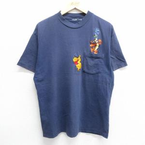 XL/古着 半袖 ビンテージ Tシャツ メンズ 00s ディズニー くまのプーさん ティガー 刺繍 胸ポケット付き クルーネック 紺 ネイビー 24may07