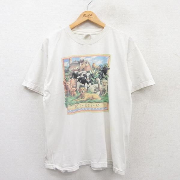 L/古着 半袖 ビンテージ Tシャツ メンズ 00s 牛 犬 ブタ コットン クルーネック 白 ホワ...