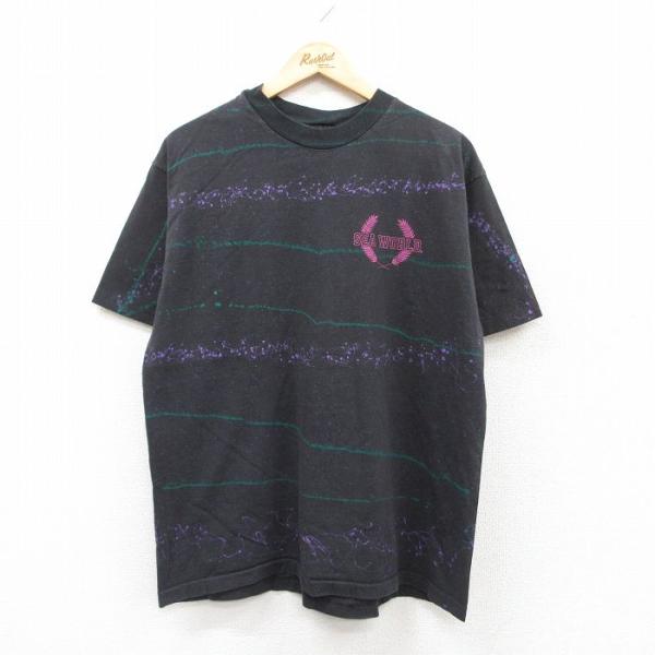 XL/古着 半袖 ビンテージ Tシャツ メンズ 80s シーワールド コットン クルーネック 黒他 ...