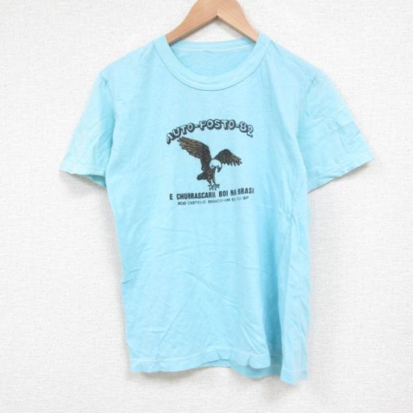 S/古着 半袖 ビンテージ Tシャツ メンズ 80s 鳥 染込プリント クルーネック 水色 spe ...