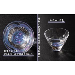 ふるさと納税 創業大正2年、100年以上続く佛檀店が制作。手作り吹きガラス『halo』に螺鈿と色漆で作成。季節感を感じ取れるポップな御猪口 ※北.. 富山県魚津市
