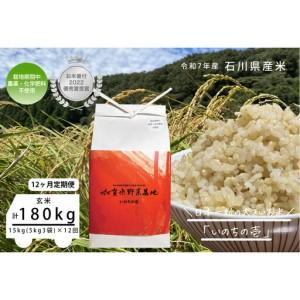 ふるさと納税 【12ヶ月定期便】【お米番付優秀賞受賞農家】日本一粒の大きいお米『いのちの壱』玄米15kg×12回 石川県金沢市