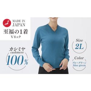 ふるさと納税 日本製 カシミヤ100% レディース Vネック ブルーグリーン 2Lサイズ 大阪府泉大津市