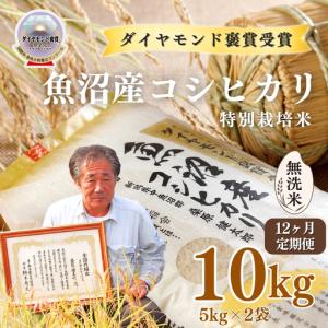 ふるさと納税 令和8年産 12ヶ月定期便 魚沼産コシヒカリ 無洗米 ダイヤモンド褒賞受賞 特別栽培米 10kg(5キロ×2袋) 新潟県 |津南町 魚沼 新潟県津南町