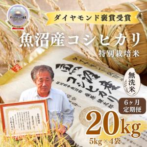 ふるさと納税 令和8年産 6ヶ月定期便 魚沼産コシヒカリ 無洗米 ダイヤモンド褒賞受賞 特別栽培米 20kg（5kg×4袋） |津南町 魚沼 新潟県津南町