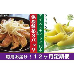 ふるさと納税 【12ヶ月定期便】クラウンメロンスティック10本と浜松ぎょうざ3パック【配送不可：離島】 果物類 メロン青肉 加工品 惣菜 冷凍 フ.. 静岡県浜松市