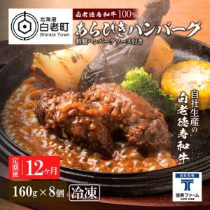 ふるさと納税 定期便 12カ月 和牛 粗びき 生 ハンバーグ 8個セット デミグラスソース付き 160ｇ×8袋 北海道白老町