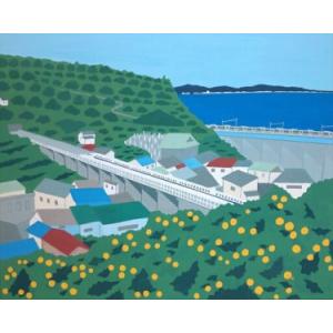 ふるさと納税 原画「石橋からの景色」【キャンパス原画 キャンパス 小田原 石橋　風景 みかん 山 相模湾 新幹線 803x1000x20mm 絵画 風景絵.. 神奈川県小田原市