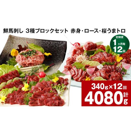 ふるさと納税 馬肉 熊本県 高森町  1ヶ月毎12回定期便 鮮馬刺し 3種ブロックセット 計4080...