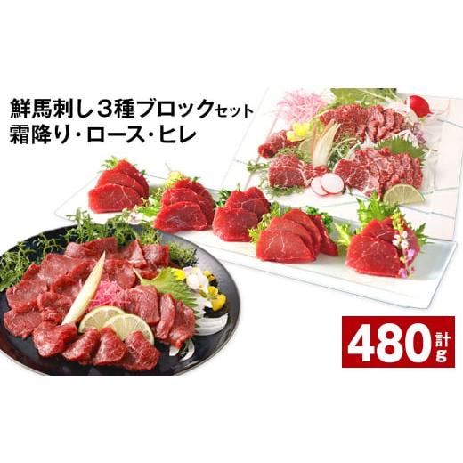 ふるさと納税 馬肉 熊本県 高森町 鮮馬刺し 3種ブロックセット（霜降り・ロース・ヒレ） 計約480...