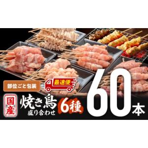 ふるさと納税 鶏肉 焼き鳥 宮崎県 宮崎市 最速便 若鶏の焼き鳥セット6種(60本)盛り合わせ 焼鳥 やきとり 焼きとりセット せせり ぼんじり カタ 皮 モモ 砂肝 …