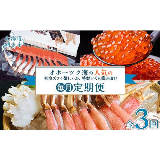 ふるさと納税 カニ ずわいガニ 北海道 網走市  毎月定期便 人気の紅鮭、生冷ズワイ蟹しゃぶ、特製い...