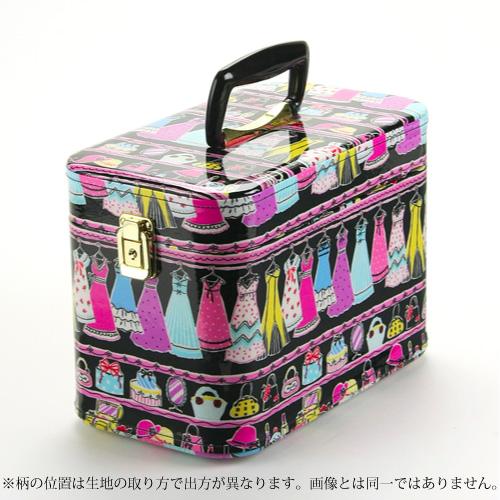 【日本製】昭和レトロ メイクボックス（コスメボックス）　クローゼット柄（ドレス）　30cm ブラック...