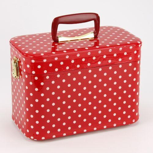 【日本製】昭和レトロ メイクボックス（コスメボックス）　水玉柄/ドット　レッド　トレンケース約30c...
