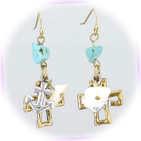 New Gold Color Open Cross Silver Color Anchor Turq...