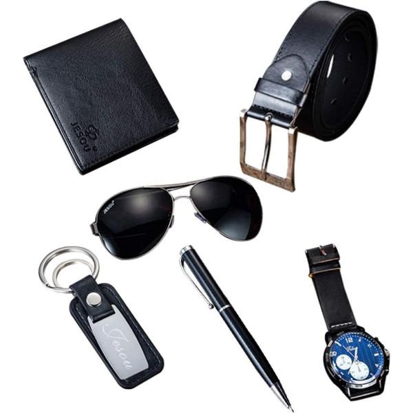 Belt Men Leather Black Set with Wallet Keychain Ba...