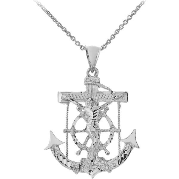 LARGE ANCHOR WITH JESUS PENDANT NECKLACE IN STERLI...
