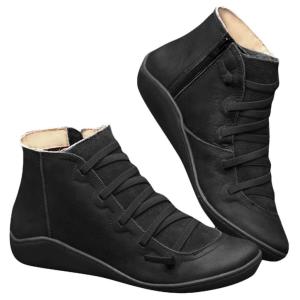 Women Side Zipper Round Toe Shoe Boots Casual Flat PU Leather Re 並行輸入品｜fusion-f