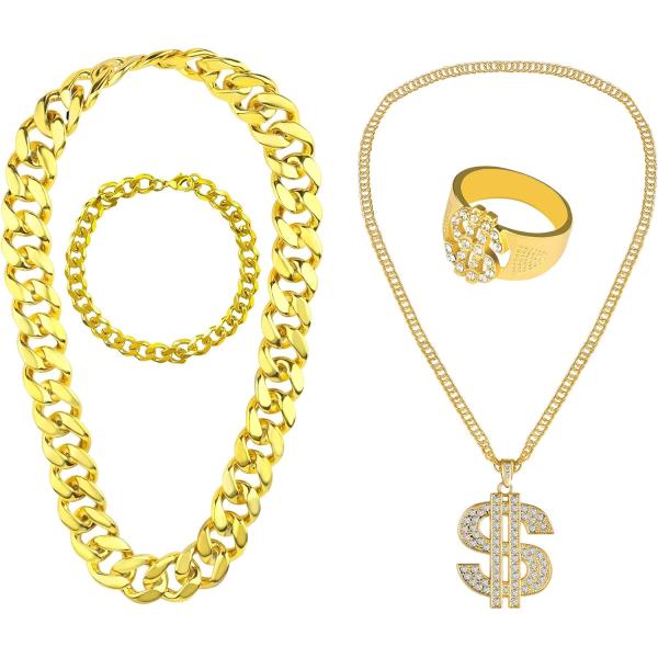 【並行輸入品】KINBOM 4ピース ヒップホップコスチュームキット、ドルサインネックレスとリングラ...