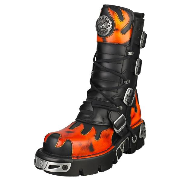 New Rock Boots Reactor Black Pulik Fire Flame Buck...