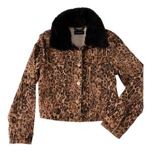KIDPIK Girls Long Sleeve Fur Trim Leopard Printed Jean Jacket, S 並行輸入品｜fusion-f