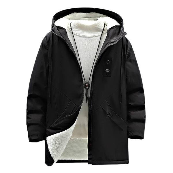Male Winter Plush Solid Pocket Jacket Hooded Long ...