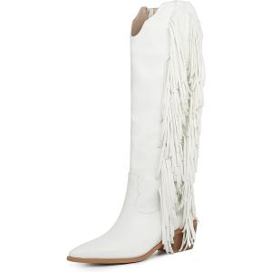 Elbslutt Women's Fringe Cowboy Boots Chunky Heel Knee High Pointed Toe Cowgirl Western Boots Side Zip Tassel Boots  size 9  White　並行輸入品