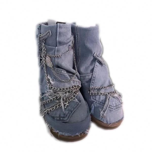 Qinhoki Winter Blue Denim Metal Chain Snow Boots W...
