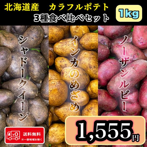 【週末限定価格】北海道産 カラフルポテト 3種食べ比べセット Sサイズ 1kg 送料無料