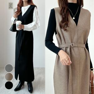 フェルト素材 ワンピース  シワになりにくい Vカット ロングワンピ ウエストベルト レディース  かわいい  / ベルト付きロング丈フェルトワンピース