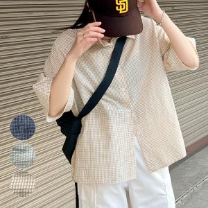 シャツ ブラウス チェック 半袖 ゆったり ルーズ ぽこぽこ素材 さらっと着れる 大人可愛い フェミニン カジュアル オフィスカジュアル / 半袖チェックシャツ