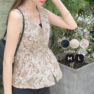 ベスト トップス ジレ ジップ ZIP チャック ファスナー ペプラム チュニック フリル 大人可愛い フェミニン 上品 / ジャガードフラワーベストトップス