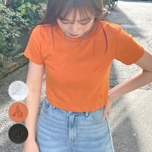 Tシャツ トップス 半袖 ロゴ 刺繍 ワンポイント クロップド丈 ショート丈 大人可愛い フェミニン 上品 カジュアル / 【ABYS】ワンポイント刺繍クロップドTシャツ