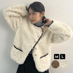 ボアコート コート アウター 配色 パイピング ノーカラー ゴールドボタン 金ボタン 上品 暖かい 羽織 長袖 カジュアル / 配色パイピングノーカラーボアコート