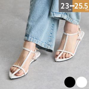 サンダル Tストラップサンダル ナローストラップ ポインテッドトゥ ローヒールサンダル 華奢見え 歩きやすいサンダル／shoes